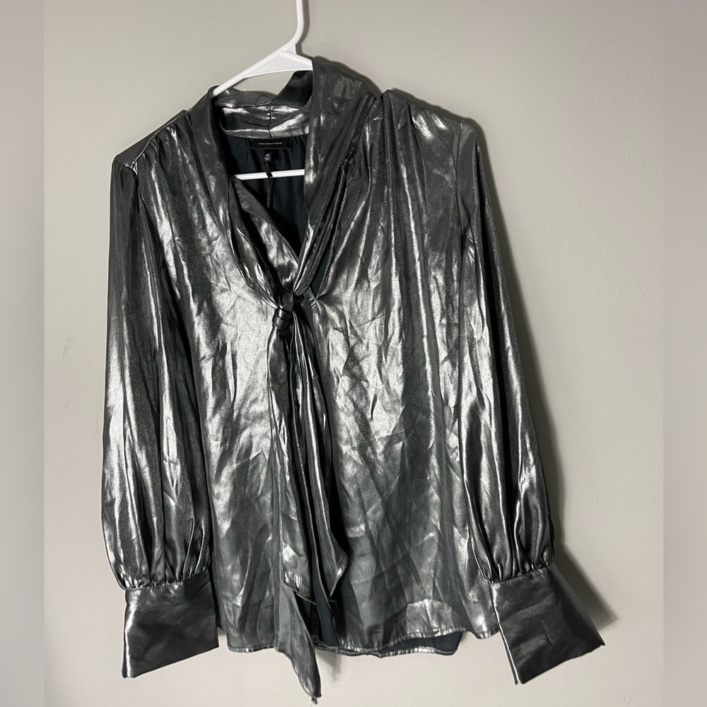 Who What Wear gun metal grey / silver tie neck blouse nwt Sz M